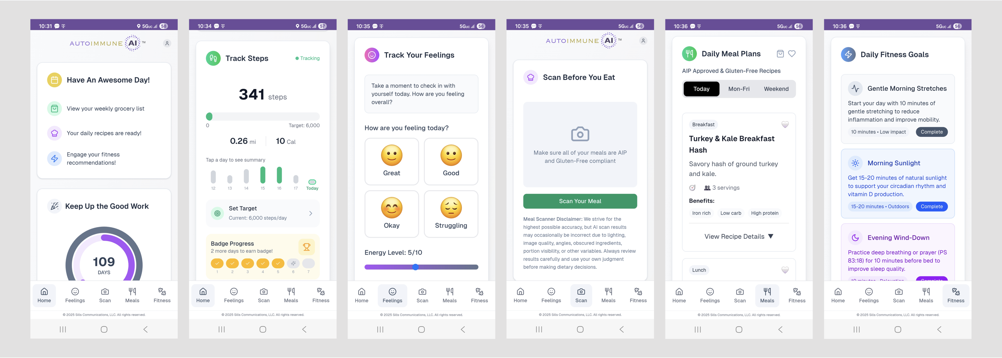 Six AutoimmuneAI app screens: home dashboard with daily streak, step tracking, mood check-in, AI meal scanner, daily meal plans, and daily fitness goals