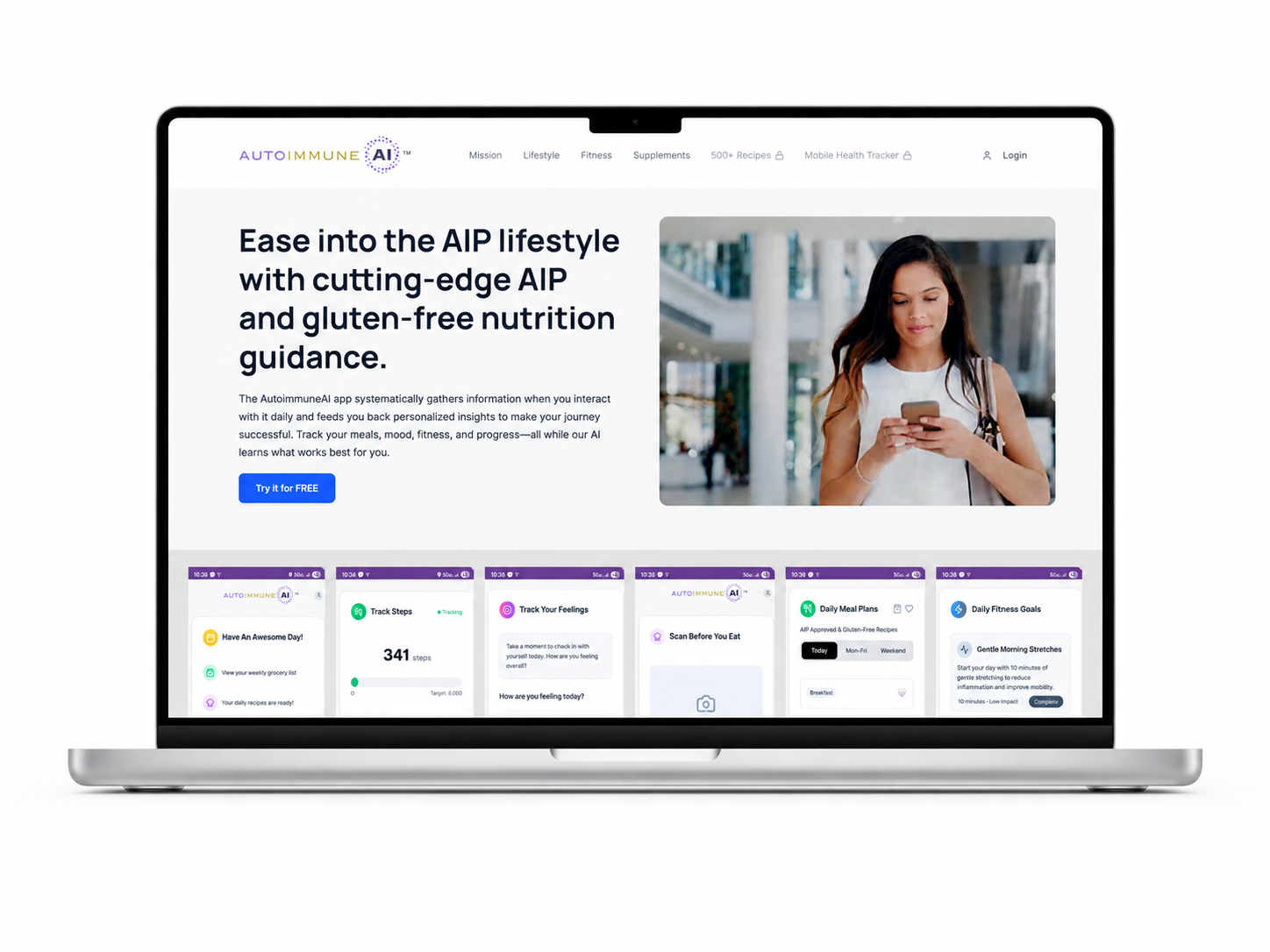 AutoimmuneAI app explainer page on a laptop: ease into the AIP lifestyle with cutting-edge AIP and gluten-free nutrition guidance, with a strip of six app screens below