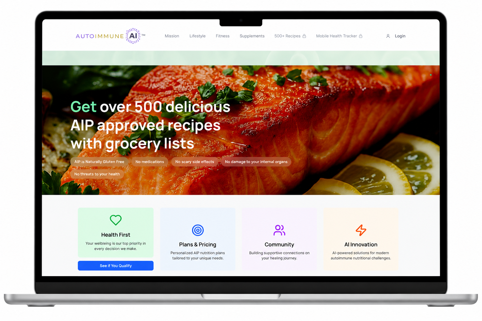 AutoimmuneAI homepage on a laptop: over 500 delicious AIP approved recipes with grocery lists, with a salmon hero image