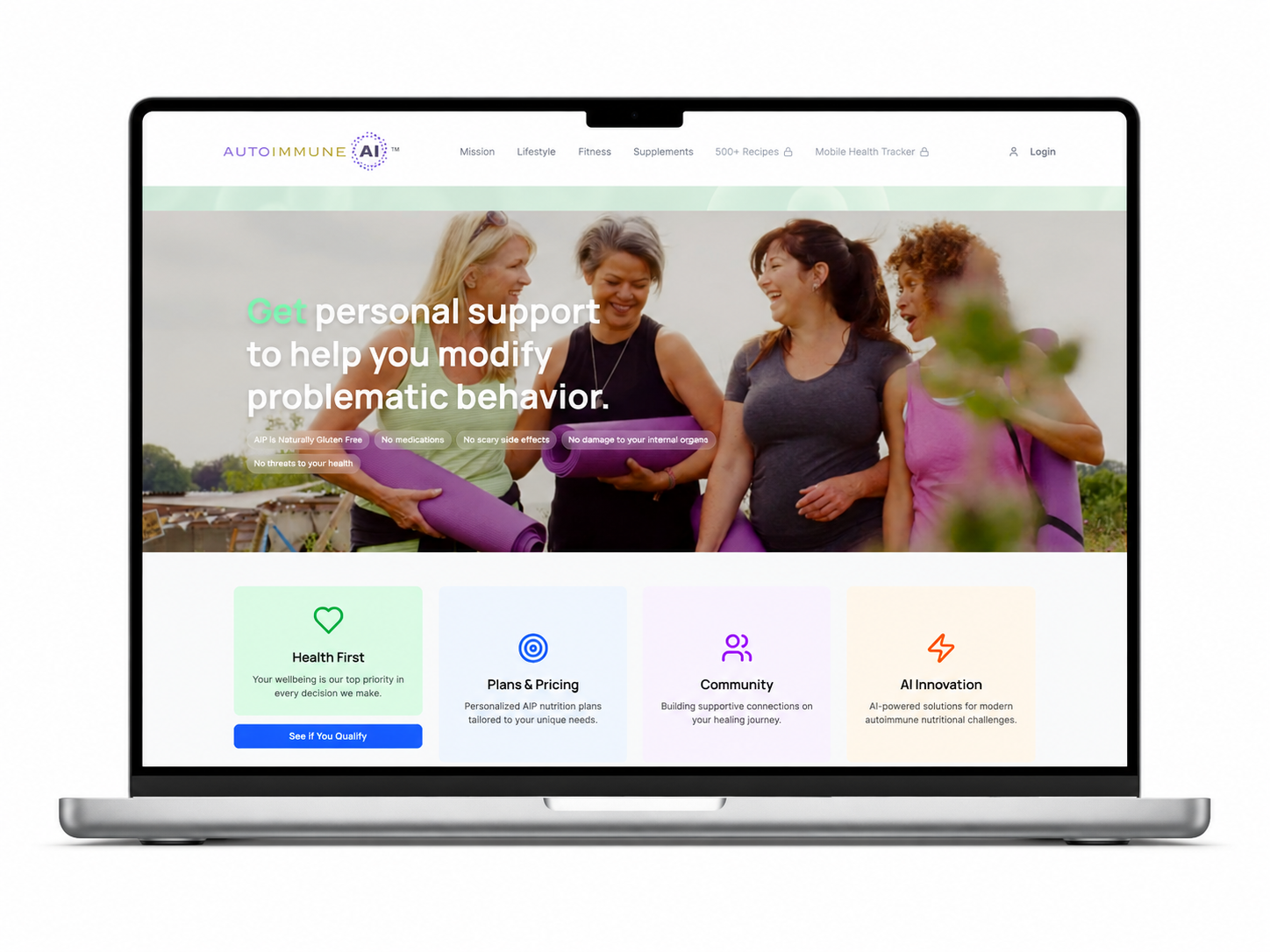 AutoimmuneAI homepage on a laptop: personal support to help modify problematic behavior, with women holding yoga mats